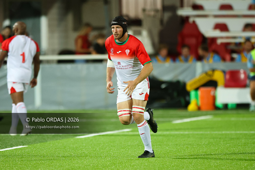 Alban Placines, lors du match amical entre le Biarritz olympique et Perpignan, le 14 août 2026 au stade Aguiléra de Biarritz, France (Photo Pablo ORDAS)