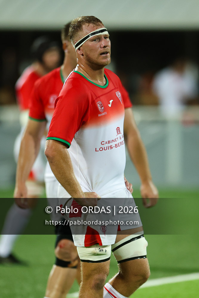 Heath Backhouse, lors du match amical entre le Biarritz olympique et Perpignan, le 14 août 2026 au stade Aguiléra de Biarritz, France (Photo Pablo ORDAS)