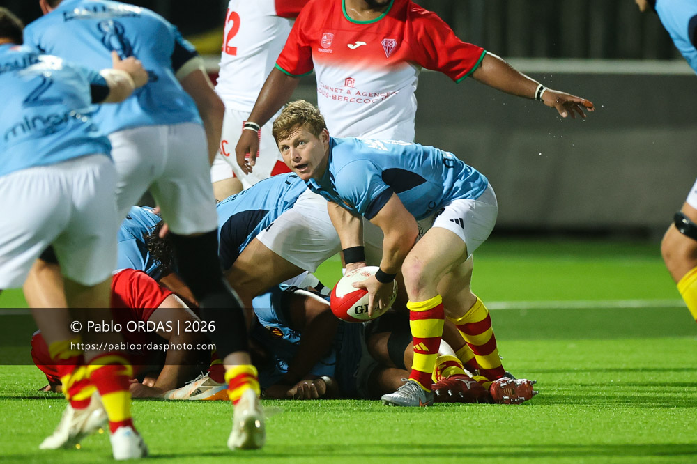 James Hall, lors du match amical entre le Biarritz olympique et Perpignan, le 14 août 2026 au stade Aguiléra de Biarritz, France (Photo Pablo ORDAS)