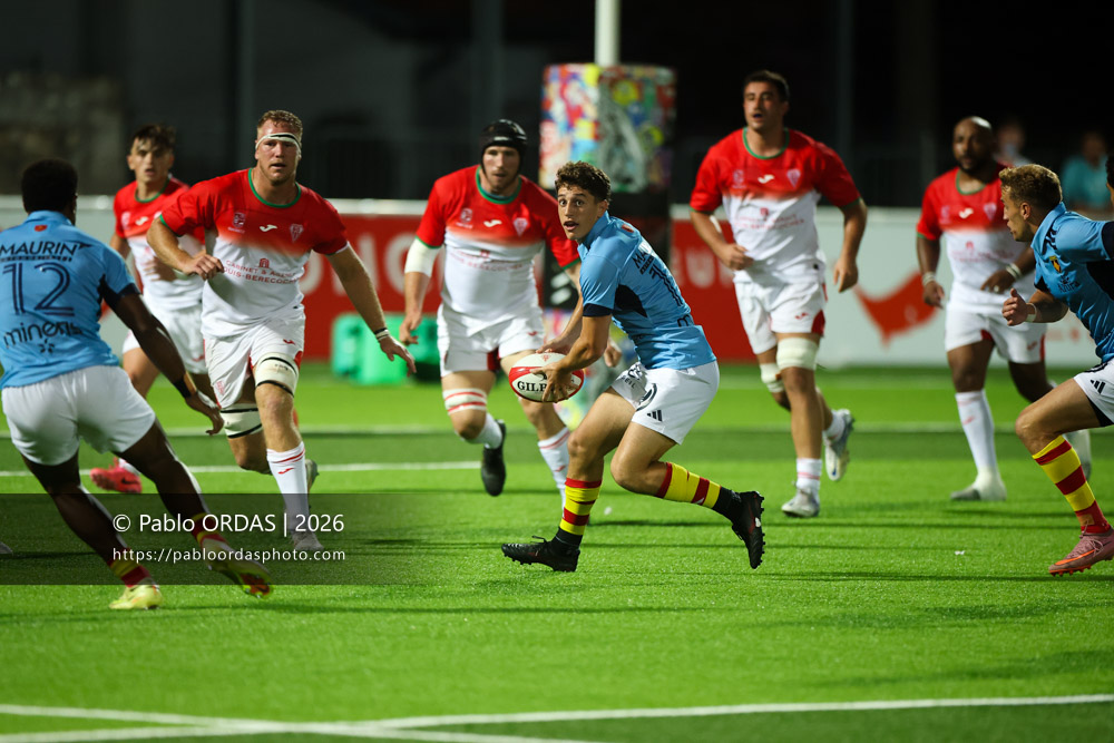 Gabin Kretchmann, lors du match amical entre le Biarritz olympique et Perpignan, le 14 août 2026 au stade Aguiléra de Biarritz, France (Photo Pablo ORDAS)