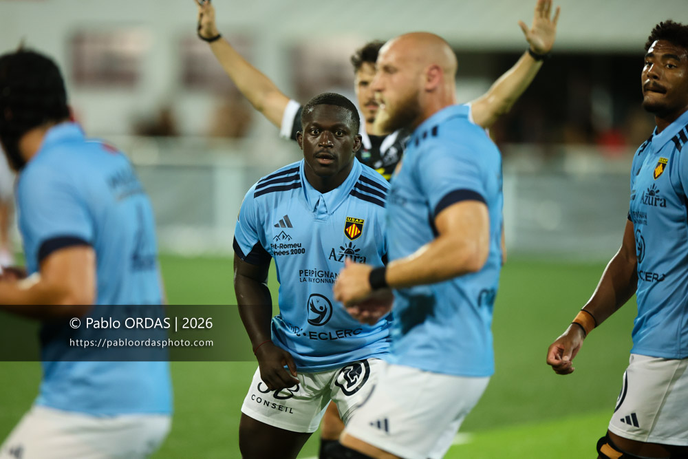 Cedate Gomes Sa, lors du match amical entre le Biarritz olympique et Perpignan, le 14 août 2026 au stade Aguiléra de Biarritz, France (Photo Pablo ORDAS)