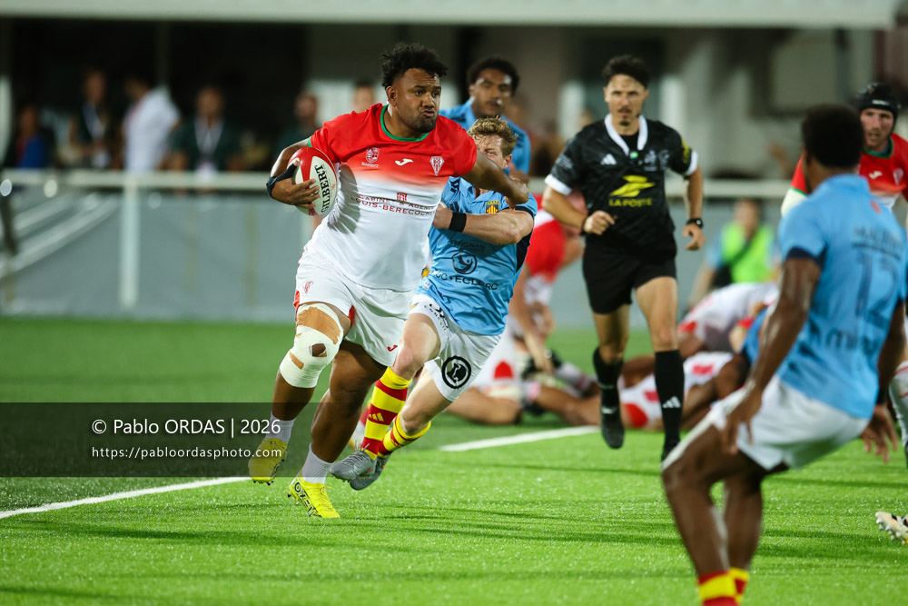 Sione Vailanu, lors du match amical entre le Biarritz olympique et Perpignan, le 14 août 2026 au stade Aguiléra de Biarritz, France (Photo Pablo ORDAS)