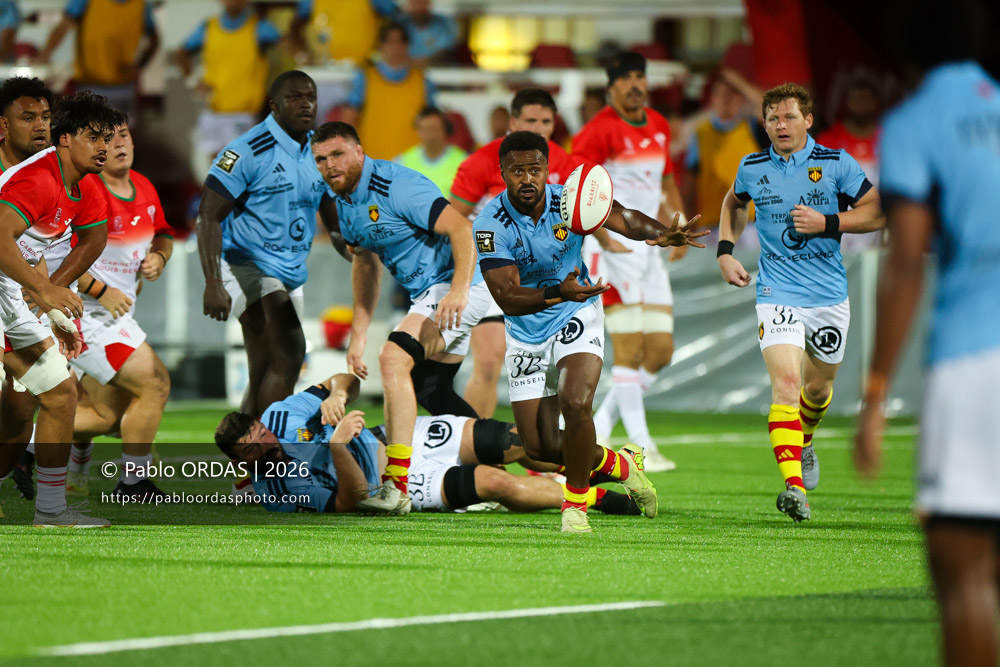 Eneriko Buliruarua, lors du match amical entre le Biarritz olympique et Perpignan, le 14 août 2026 au stade Aguiléra de Biarritz, France (Photo Pablo ORDAS)
