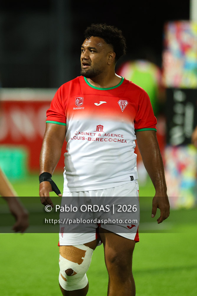 Sione Vailanu, lors du match amical entre le Biarritz olympique et Perpignan, le 14 août 2026 au stade Aguiléra de Biarritz, France (Photo Pablo ORDAS)