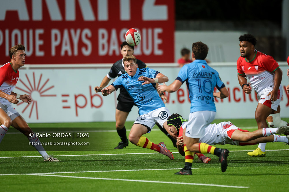 Antoine Aucagne, lors du match amical entre le Biarritz olympique et Perpignan, le 14 août 2026 au stade Aguiléra de Biarritz, France (Photo Pablo ORDAS)