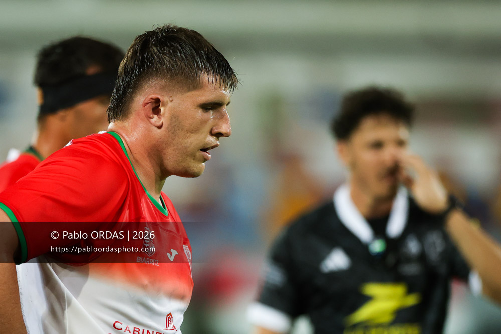 Ellande Sanderson, lors du match amical entre le Biarritz olympique et Perpignan, le 14 août 2026 au stade Aguiléra de Biarritz, France (Photo Pablo ORDAS)