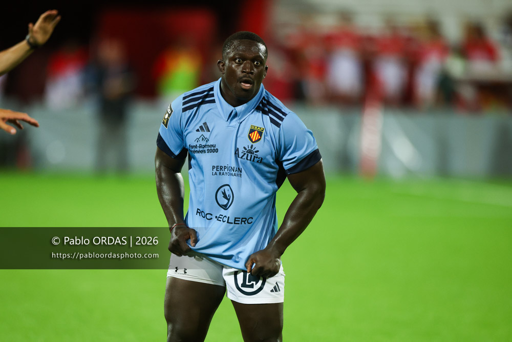 Cedate Gomes Sa, lors du match amical entre le Biarritz olympique et Perpignan, le 14 août 2026 au stade Aguiléra de Biarritz, France (Photo Pablo ORDAS)