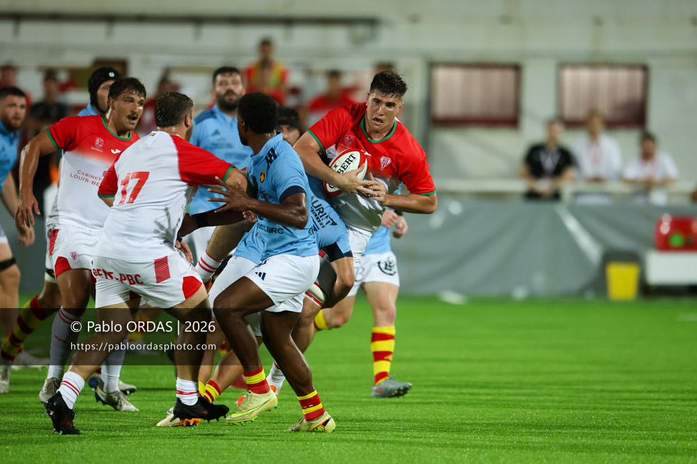 Ellande Sanderson, lors du match amical entre le Biarritz olympique et Perpignan, le 14 août 2026 au stade Aguiléra de Biarritz, France (Photo Pablo ORDAS)