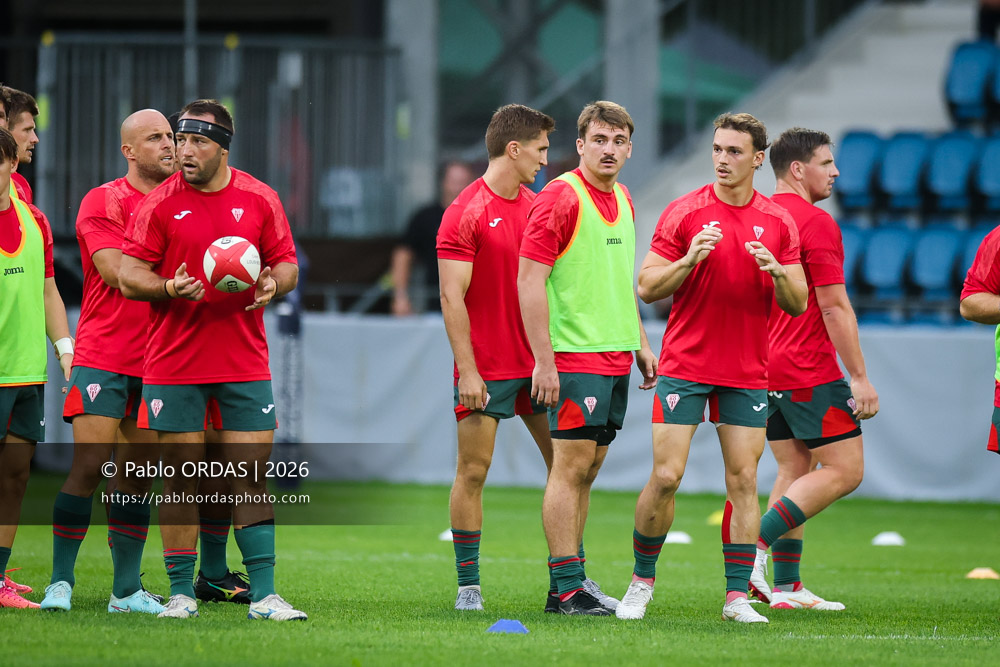 Iban Hiriart Urruty, Nicolas Elissondo, lors du match amical entre l'Aviron bayonnais et le Biarritz olympique, le 20 août 2026 au stade Jean Dauger de Bayonne, France (Photo Pablo ORDAS)