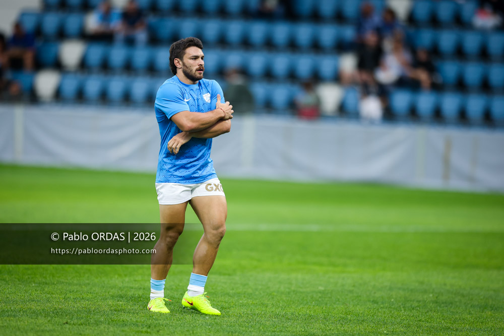 Mateo Carreras, lors du match amical entre l'Aviron bayonnais et le Biarritz olympique, le 20 août 2026 au stade Jean Dauger de Bayonne, France (Photo Pablo ORDAS)