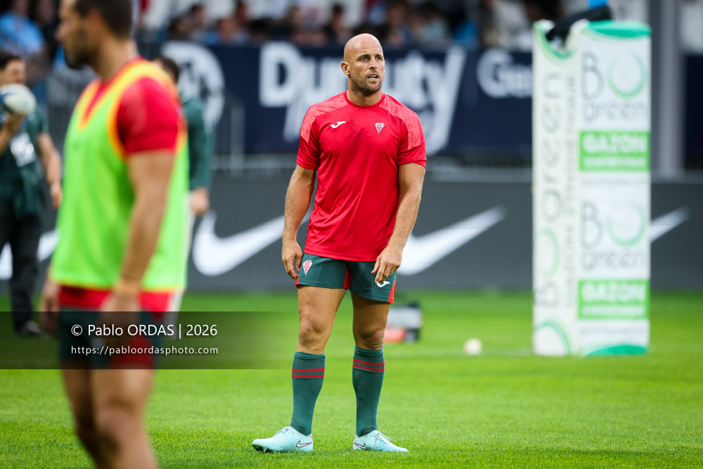 Mathieu Acebes, lors du match amical entre l'Aviron bayonnais et le Biarritz olympique, le 20 août 2026 au stade Jean Dauger de Bayonne, France (Photo Pablo ORDAS)