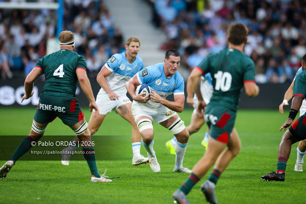 Ewan Johnson, lors du match amical entre l'Aviron bayonnais et le Biarritz olympique, le 20 août 2026 au stade Jean Dauger de Bayonne, France (Photo Pablo ORDAS)