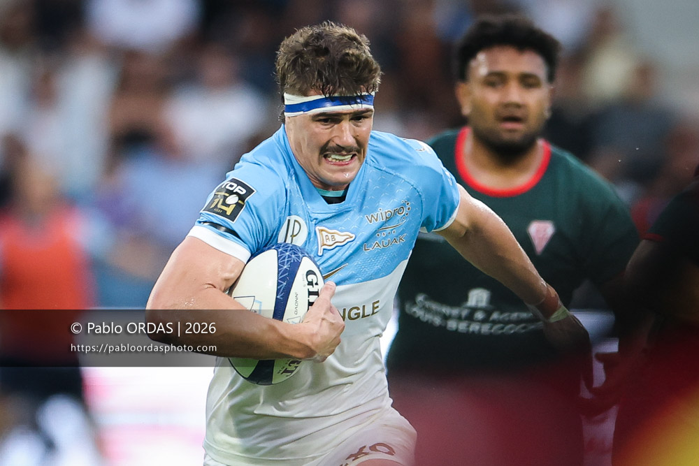 Baptiste Héguy, lors du match amical entre l'Aviron bayonnais et le Biarritz olympique, le 20 août 2026 au stade Jean Dauger de Bayonne, France (Photo Pablo ORDAS)