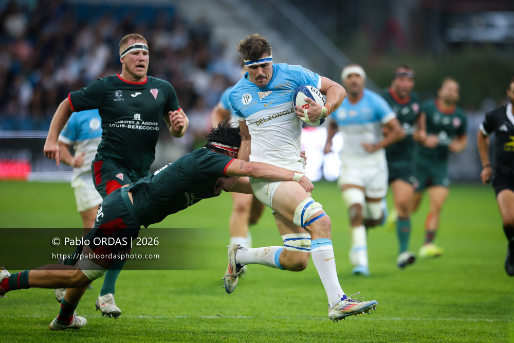 Baptiste Héguy, lors du match amical entre l'Aviron bayonnais et le Biarritz olympique, le 20 août 2026 au stade Jean Dauger de Bayonne, France (Photo Pablo ORDAS)