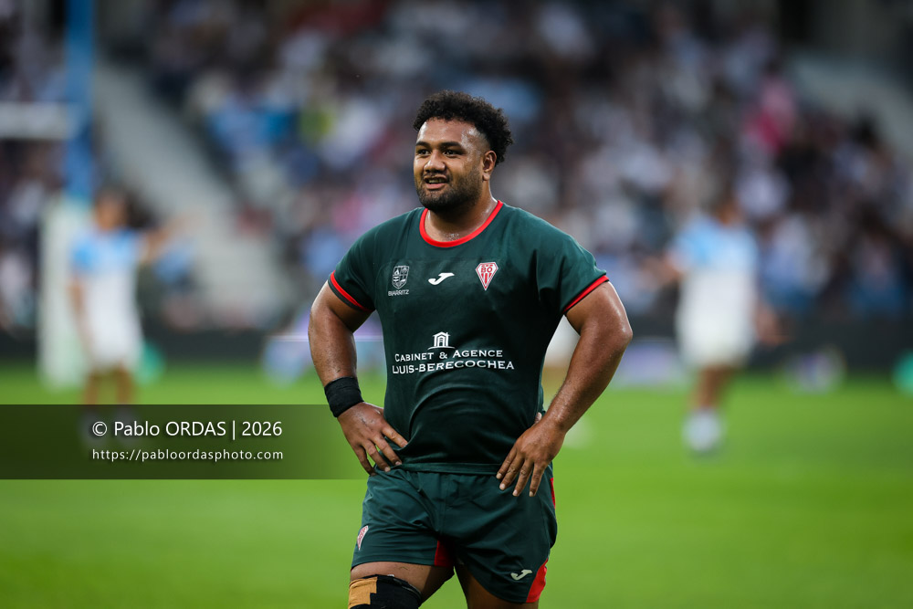 Sione Vailanu, lors du match amical entre l'Aviron bayonnais et le Biarritz olympique, le 20 août 2026 au stade Jean Dauger de Bayonne, France (Photo Pablo ORDAS)