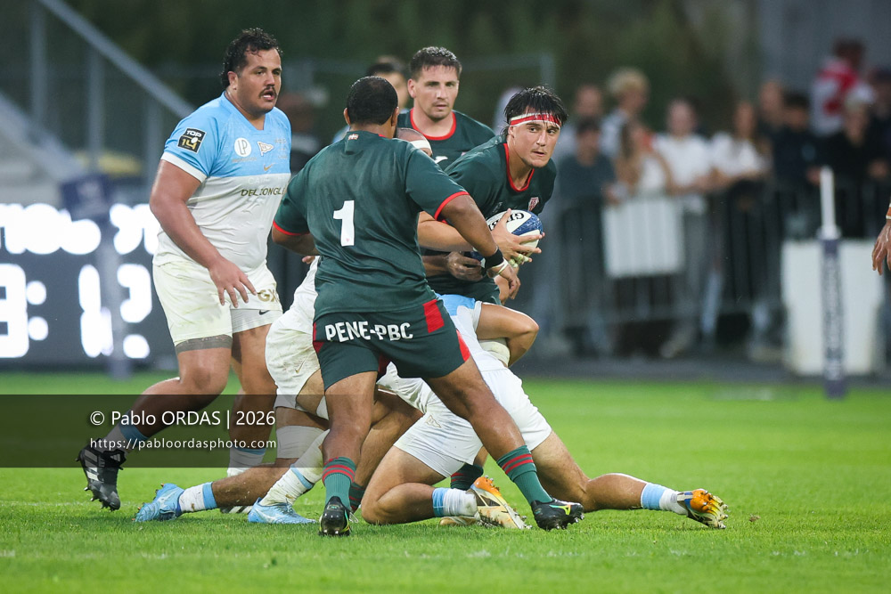 Andrea Sacco, lors du match amical entre l'Aviron bayonnais et le Biarritz olympique, le 20 août 2026 au stade Jean Dauger de Bayonne, France (Photo Pablo ORDAS)