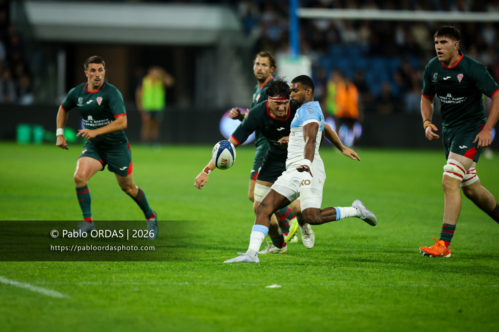 Léo Coly, lors du match amical entre l'Aviron bayonnais et le Biarritz olympique, le 20 août 2026 au stade Jean Dauger de Bayonne, France (Photo Pablo ORDAS)