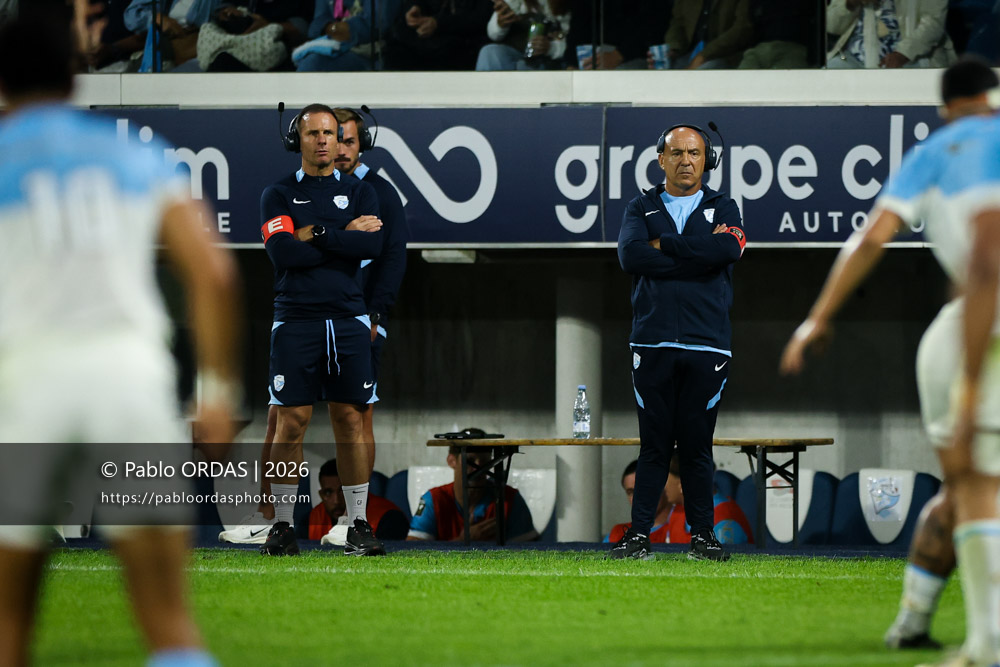 Gerard Fraser, Laurent Travers, lors du match amical entre l'Aviron bayonnais et le Biarritz olympique, le 20 août 2026 au stade Jean Dauger de Bayonne, France (Photo Pablo ORDAS)