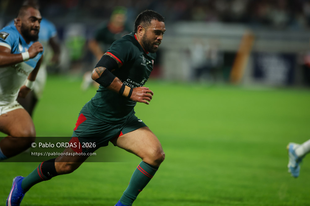 Duncan Paia'aua, lors du match amical entre l'Aviron bayonnais et le Biarritz olympique, le 20 août 2026 au stade Jean Dauger de Bayonne, France (Photo Pablo ORDAS)