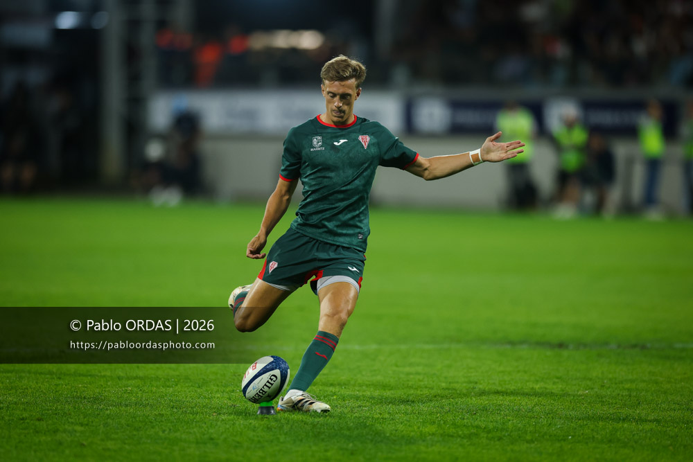 Iban Laclau, lors du match amical entre l'Aviron bayonnais et le Biarritz olympique, le 20 août 2026 au stade Jean Dauger de Bayonne, France (Photo Pablo ORDAS)