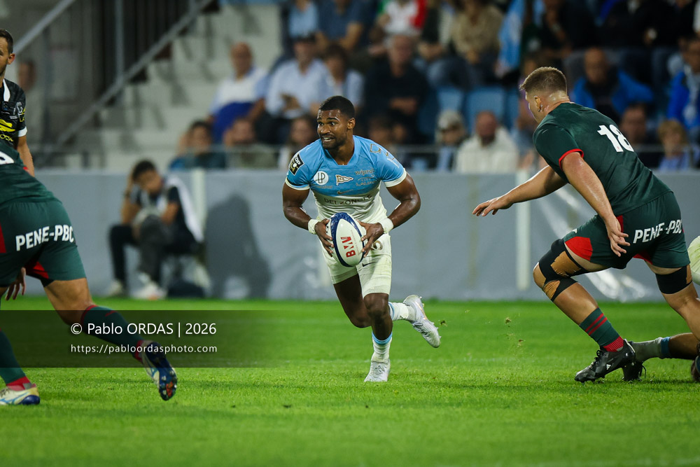 Léo Coly, lors du match amical entre l'Aviron bayonnais et le Biarritz olympique, le 20 août 2026 au stade Jean Dauger de Bayonne, France (Photo Pablo ORDAS)