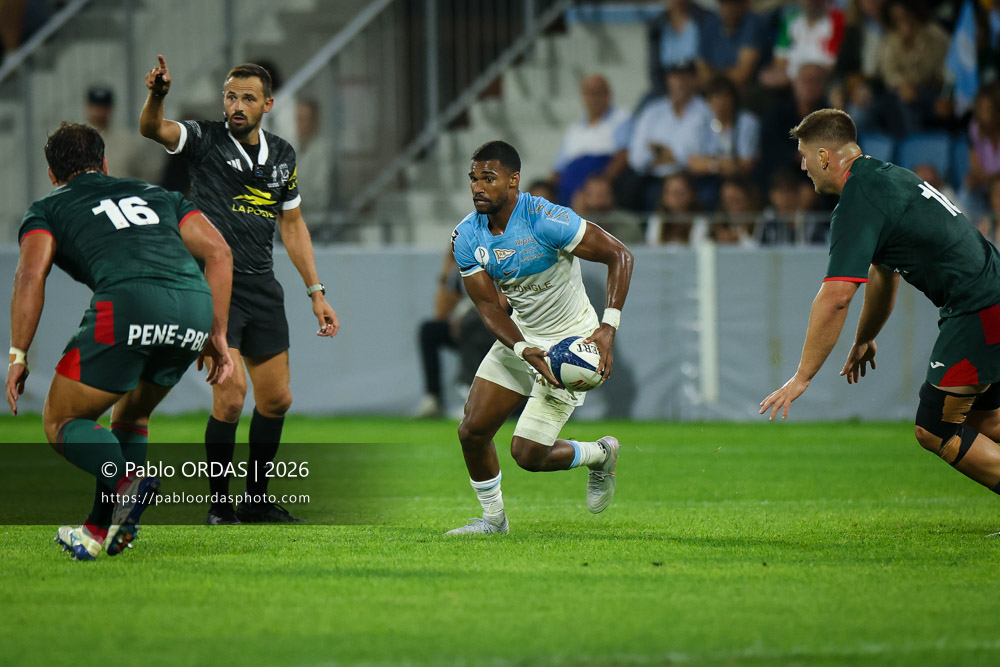 Léo Coly, lors du match amical entre l'Aviron bayonnais et le Biarritz olympique, le 20 août 2026 au stade Jean Dauger de Bayonne, France (Photo Pablo ORDAS)