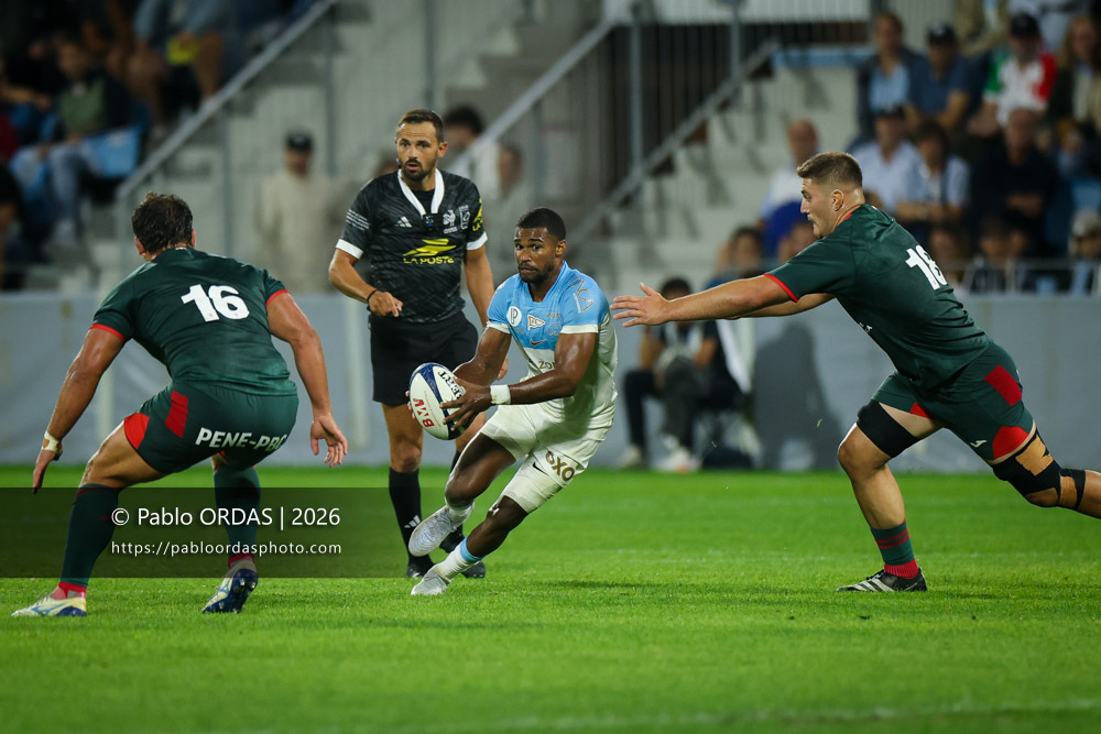 Léo Coly, lors du match amical entre l'Aviron bayonnais et le Biarritz olympique, le 20 août 2026 au stade Jean Dauger de Bayonne, France (Photo Pablo ORDAS)