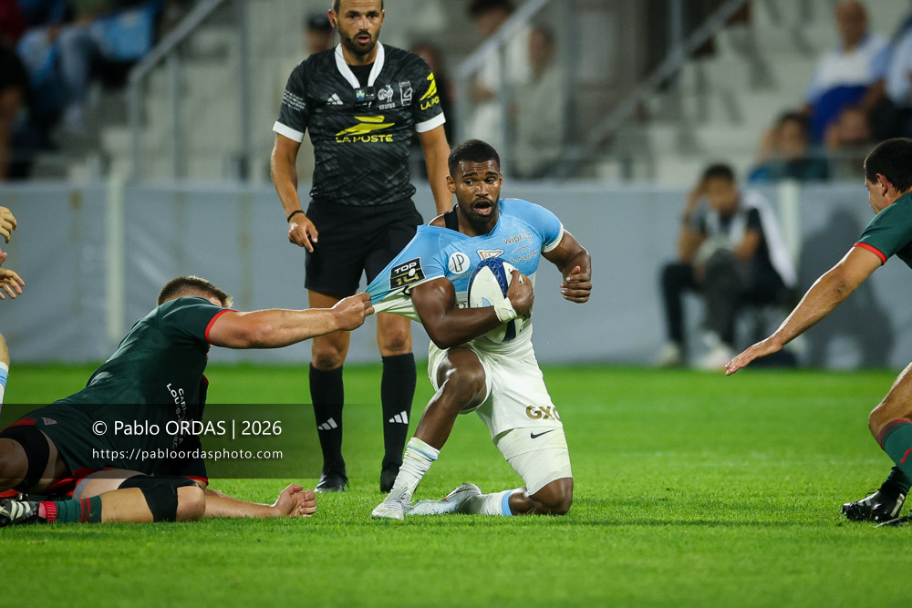 Léo Coly, lors du match amical entre l'Aviron bayonnais et le Biarritz olympique, le 20 août 2026 au stade Jean Dauger de Bayonne, France (Photo Pablo ORDAS)