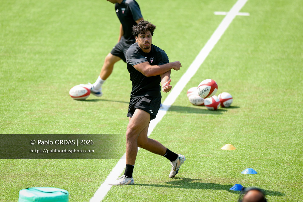 Yoni Tuataane, lors d'un entraînement avec le Biarritz olympique, le 9 juillet 2026 au stade Aguiléra de Biarritz, France (Photo Pablo ORDAS)