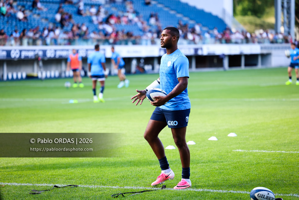 Cheikh Tiberghien, lors du match amical entre l'Aviron bayonnais et le Stade toulousain, le 28 août 2026 au stade Jean Dauger de Bayonne, France (Photo Pablo ORDAS)