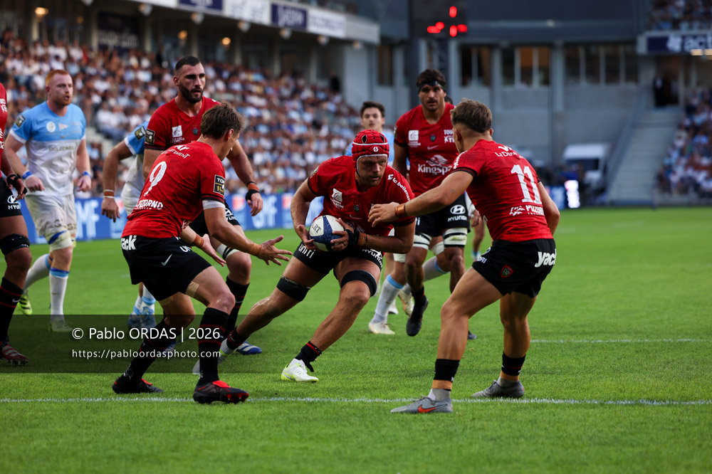 Zach Mercer, lors du match de Top 14 entre l'Aviron bayonnais et Toulon, le 5 septembre 2026 au stade Jean Dauger de Bayonne, France (Photo Pablo ORDAS)