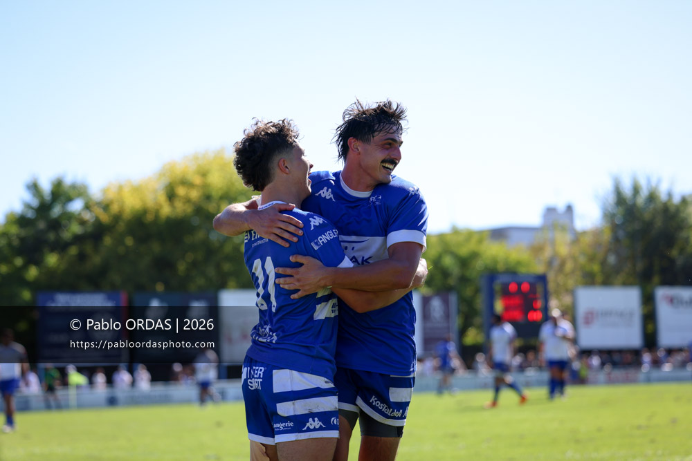 Johane Idiart, Iban Tsouladzé, lors du match de Fédéraile 1 entre l'Anglet olympique et Layrac, le 13 septembre 2026 au stade Saint-Jean d'Anglet, France (Photo Pablo ORDAS)