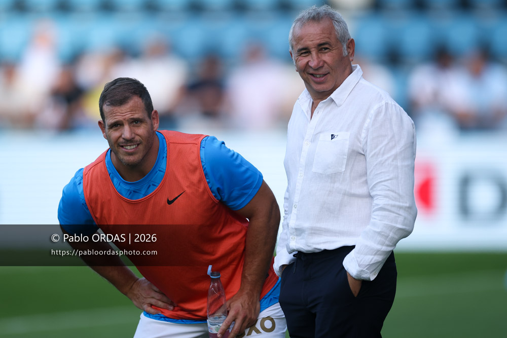 Facundo Bosch, Philippe Tayeb, lors du match de Top 14 entre l'Aviron bayonnais et Toulon, le 5 septembre 2026 au stade Jean Dauger de Bayonne, France (Photo Pablo ORDAS)
