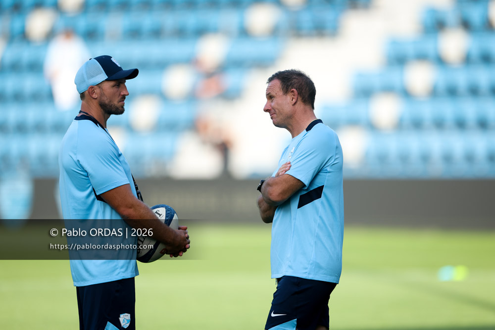 Jean Monribot, Gerard Fraser, lors du match de Top 14 entre l'Aviron bayonnais et Toulon, le 5 septembre 2026 au stade Jean Dauger de Bayonne, France (Photo Pablo ORDAS)