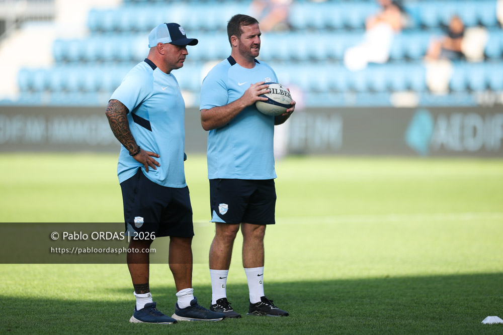 Andrea Moretti, Camille Lopez, lors du match de Top 14 entre l'Aviron bayonnais et Toulon, le 5 septembre 2026 au stade Jean Dauger de Bayonne, France (Photo Pablo ORDAS)