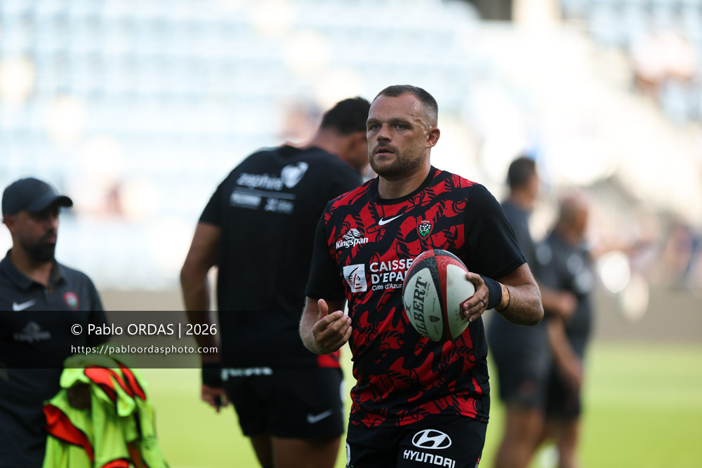 Zach Mercer, lors du match de Top 14 entre l'Aviron bayonnais et Toulon, le 5 septembre 2026 au stade Jean Dauger de Bayonne, France (Photo Pablo ORDAS)