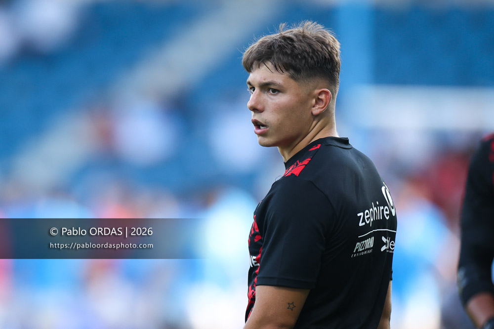 Mathis Ferté, lors du match de Top 14 entre l'Aviron bayonnais et Toulon, le 5 septembre 2026 au stade Jean Dauger de Bayonne, France (Photo Pablo ORDAS)