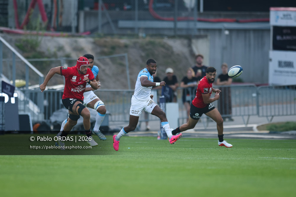 Léo Coly, lors du match de Top 14 entre l'Aviron bayonnais et Toulon, le 5 septembre 2026 au stade Jean Dauger de Bayonne, France (Photo Pablo ORDAS)