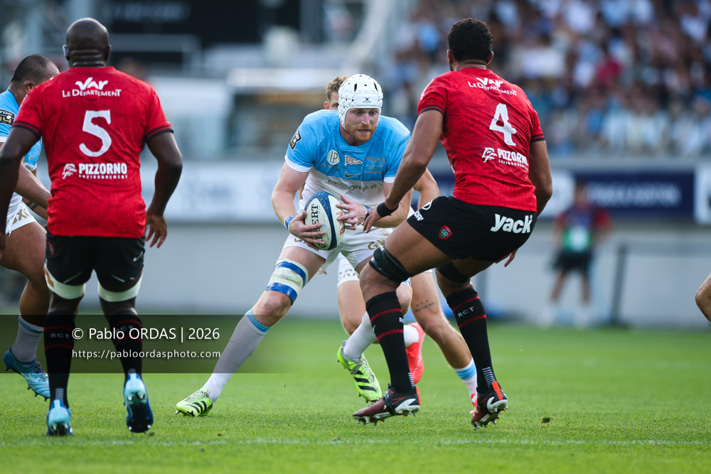 Killian Géraci, lors du match de Top 14 entre l'Aviron bayonnais et Toulon, le 5 septembre 2026 au stade Jean Dauger de Bayonne, France (Photo Pablo ORDAS)