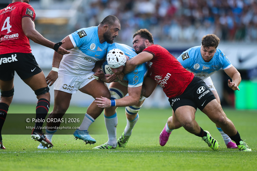 Killian Géraci, lors du match de Top 14 entre l'Aviron bayonnais et Toulon, le 5 septembre 2026 au stade Jean Dauger de Bayonne, France (Photo Pablo ORDAS)