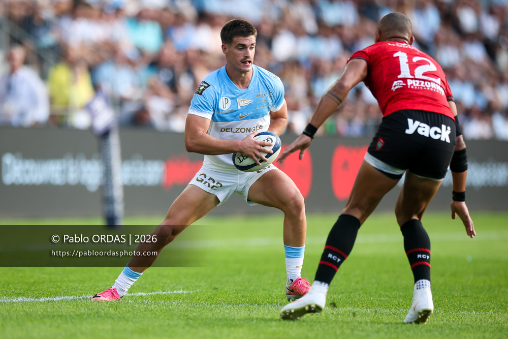 Tom Lévêque, lors du match de Top 14 entre l'Aviron bayonnais et Toulon, le 5 septembre 2026 au stade Jean Dauger de Bayonne, France (Photo Pablo ORDAS)