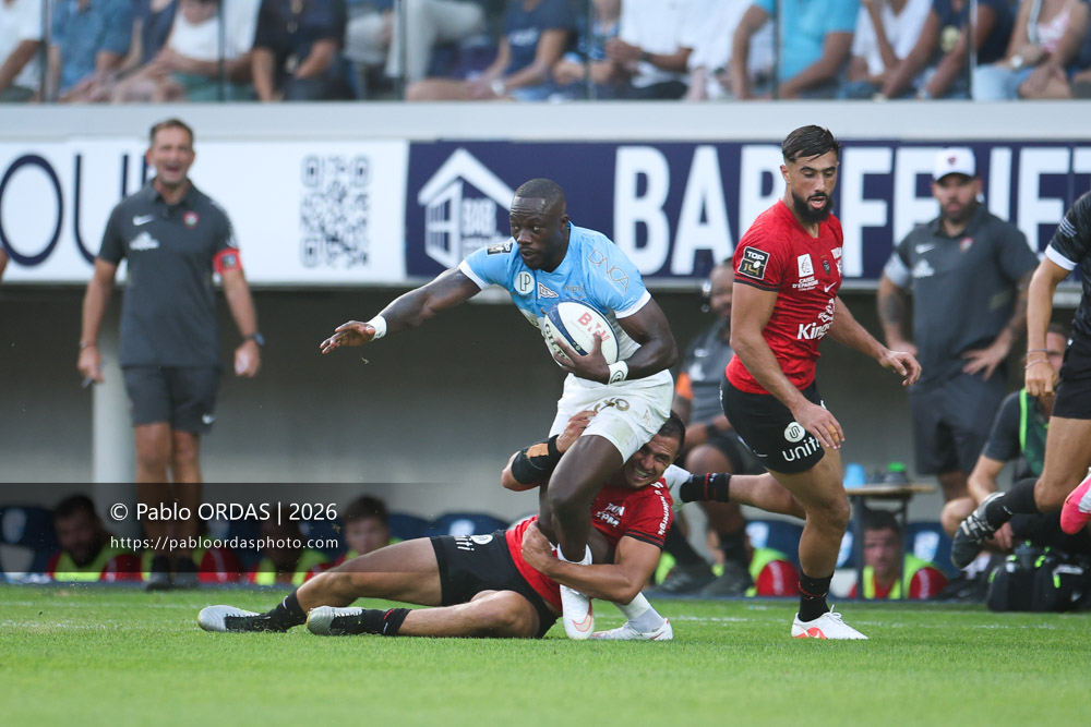 Madosh Tambwe, lors du match de Top 14 entre l'Aviron bayonnais et Toulon, le 5 septembre 2026 au stade Jean Dauger de Bayonne, France (Photo Pablo ORDAS)