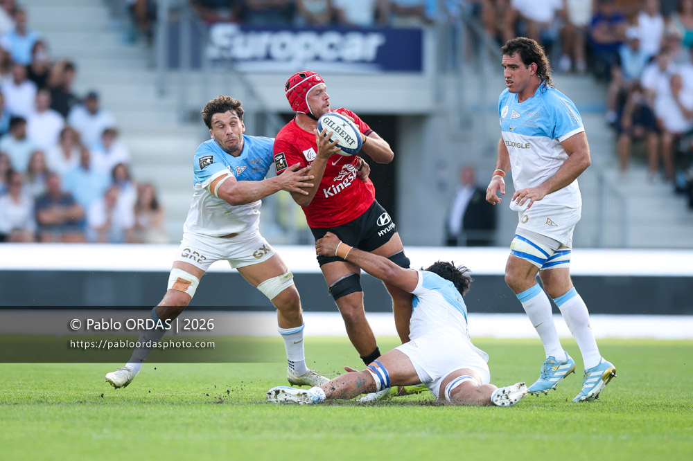 Zach Mercer, lors du match de Top 14 entre l'Aviron bayonnais et Toulon, le 5 septembre 2026 au stade Jean Dauger de Bayonne, France (Photo Pablo ORDAS)