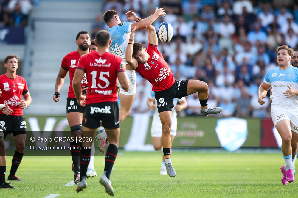 Mathis Ferté, lors du match de Top 14 entre l'Aviron bayonnais et Toulon, le 5 septembre 2026 au stade Jean Dauger de Bayonne, France (Photo Pablo ORDAS)