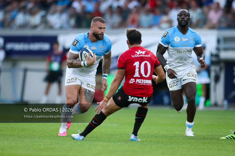 Federico Mori, lors du match de Top 14 entre l'Aviron bayonnais et Toulon, le 5 septembre 2026 au stade Jean Dauger de Bayonne, France (Photo Pablo ORDAS)