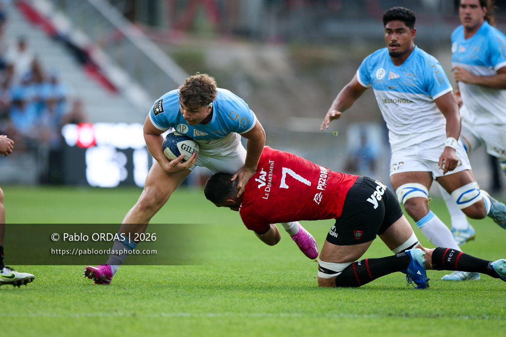 Lucas Martin, lors du match de Top 14 entre l'Aviron bayonnais et Toulon, le 5 septembre 2026 au stade Jean Dauger de Bayonne, France (Photo Pablo ORDAS)