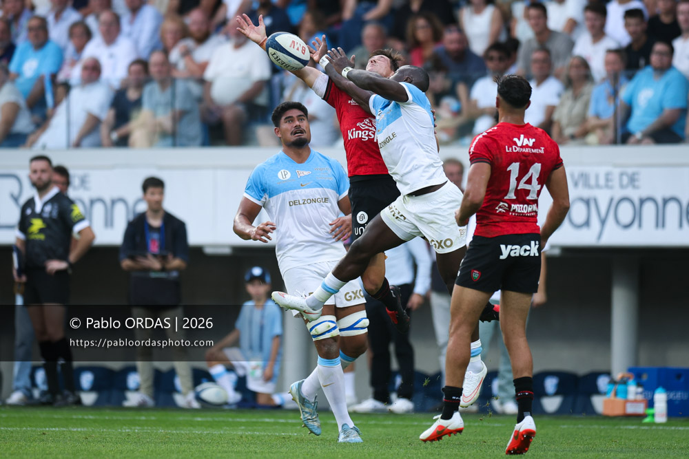 Madosh Tambwe, lors du match de Top 14 entre l'Aviron bayonnais et Toulon, le 5 septembre 2026 au stade Jean Dauger de Bayonne, France (Photo Pablo ORDAS)
