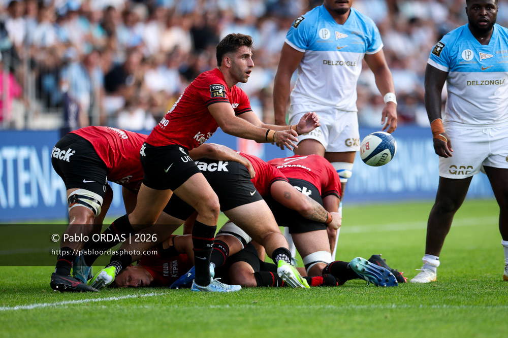 Matéo Garcia, lors du match de Top 14 entre l'Aviron bayonnais et Toulon, le 5 septembre 2026 au stade Jean Dauger de Bayonne, France (Photo Pablo ORDAS)
