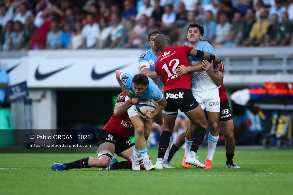 Baptiste Tilloles, lors du match de Top 14 entre l'Aviron bayonnais et Toulon, le 5 septembre 2026 au stade Jean Dauger de Bayonne, France (Photo Pablo ORDAS)
