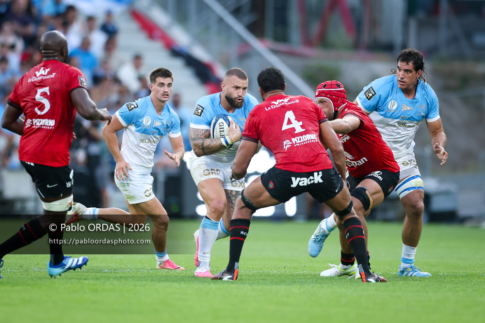 Federico Mori, lors du match de Top 14 entre l'Aviron bayonnais et Toulon, le 5 septembre 2026 au stade Jean Dauger de Bayonne, France (Photo Pablo ORDAS)